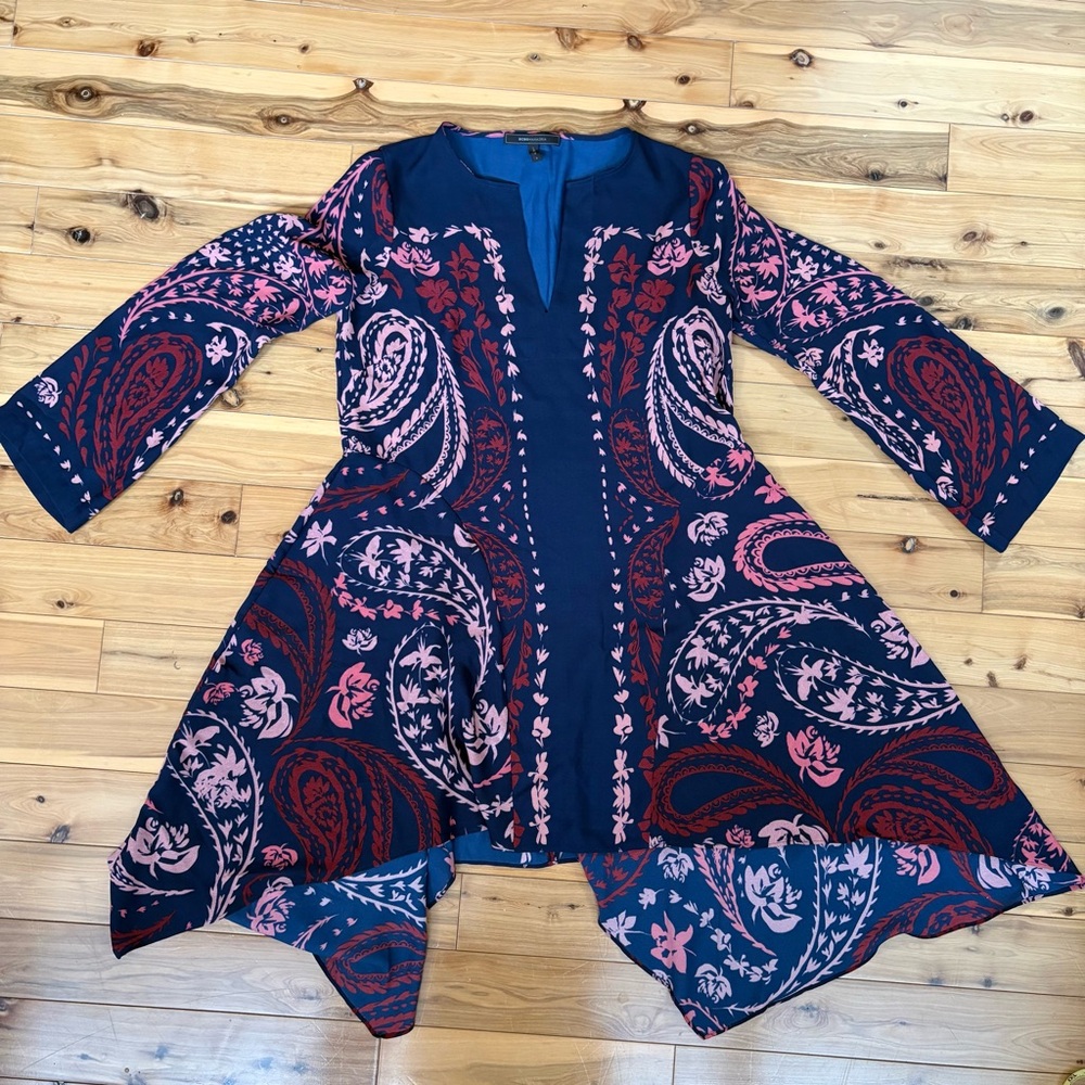 BCBGMaxAzria Paisley Print High Low Tunic Dress Boho Navy Pink Floral Size S